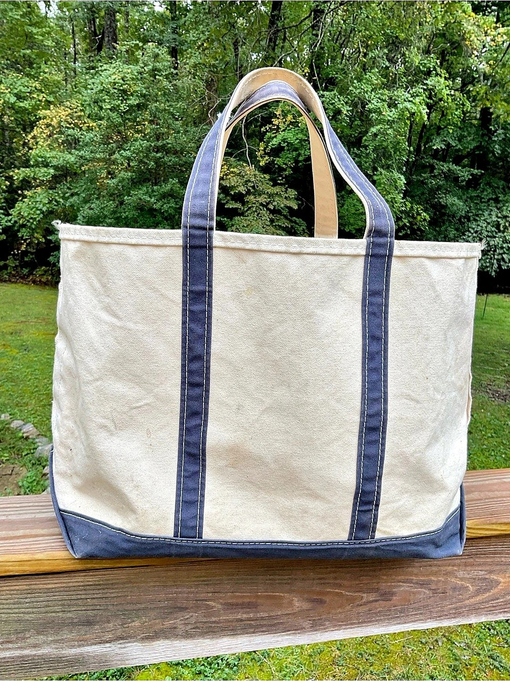 L.L.Bean Boat and Tote Open-Top Large Canvas Tote in Cream & Blue heavy wear and